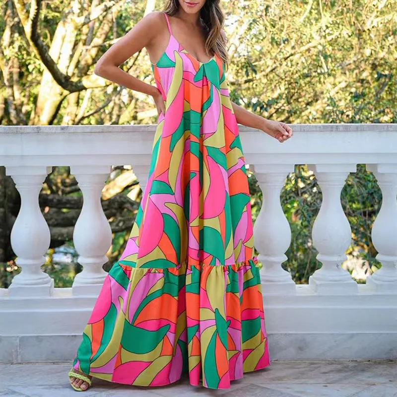 

Women's Long Dress Summer Daily Leisure Vacation Beach French Deep V-neck Open Back Strap Printed Dress