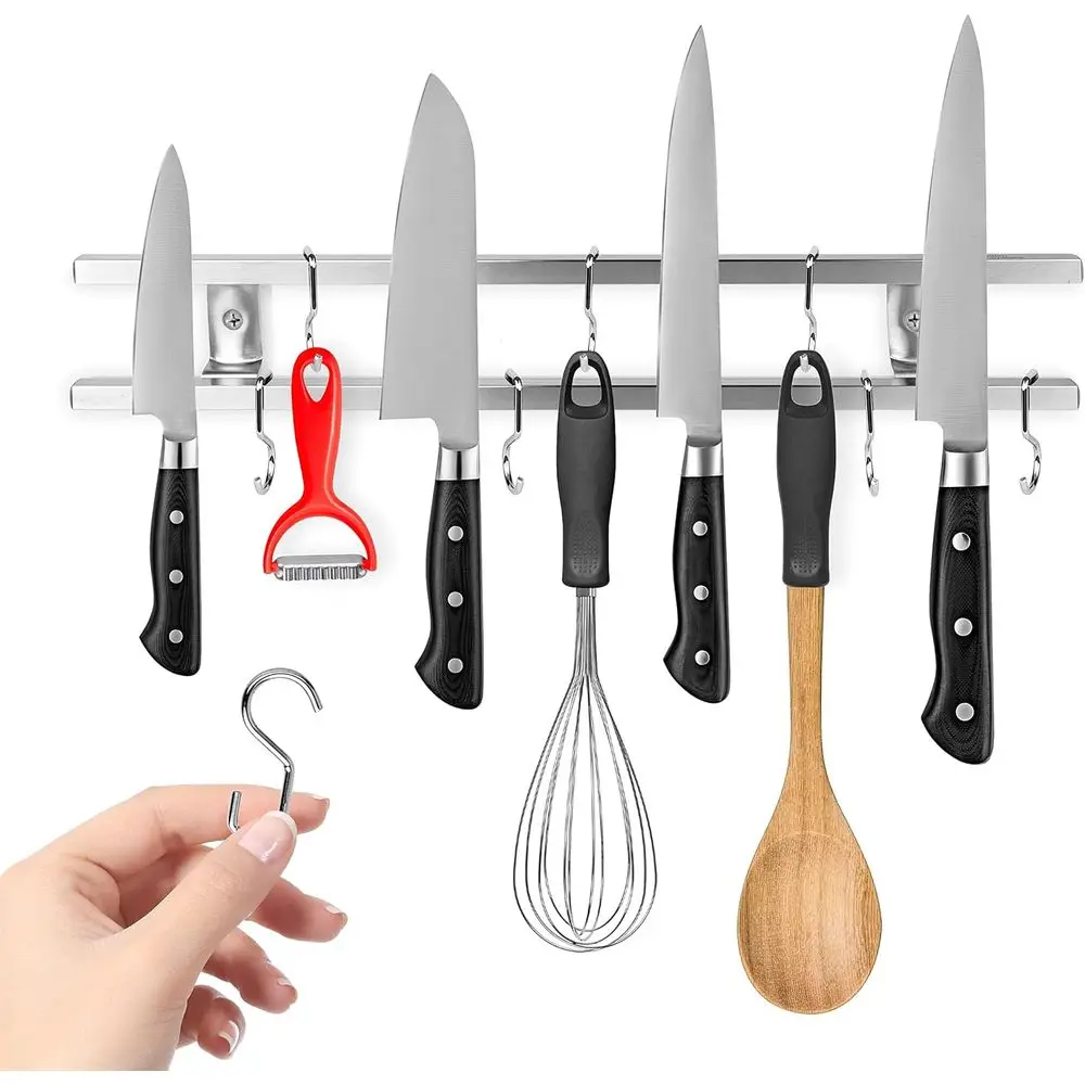 16 Inch Stainless Steel Metal Magnetic Knife Holder, Wall Mount Double Bar with 8 Hooks - Multipurpose Knife Magnetic Strip, Ute
