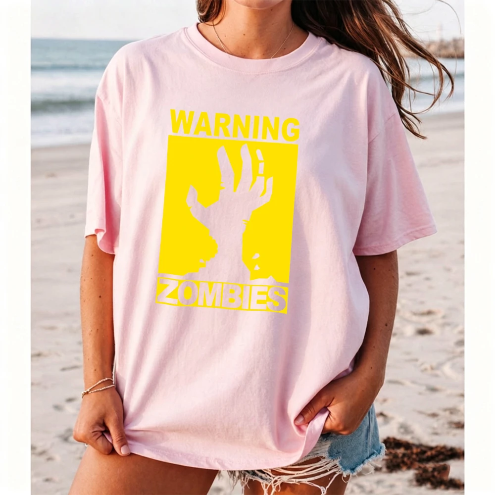 Warning Zombie Hand Silhouette Graphic T Shirt Female Horror Movie Fan Meme Tee Summer Casual Halloween Party Top