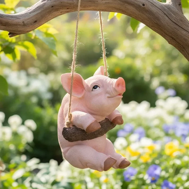 Resin Pig Hanging Ornament Cute Simulated Animal Sculpture Outdoor Garden Yard Decor Craft