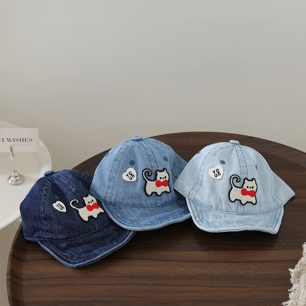 Children's washable denim soft-brimmed baseball cap with cat embroidery, duckbill style, cartoonish casual soft-top hat view 3