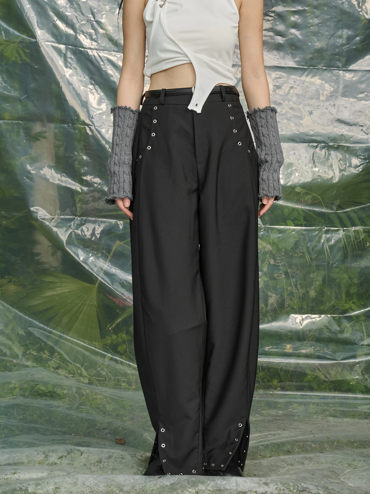 

Bla Casual Metal Ring Hole Drapey Wide Leg Pants Luxury Personali New Sle Long Trousers Ci Walk Loose Fit Ladies Pants