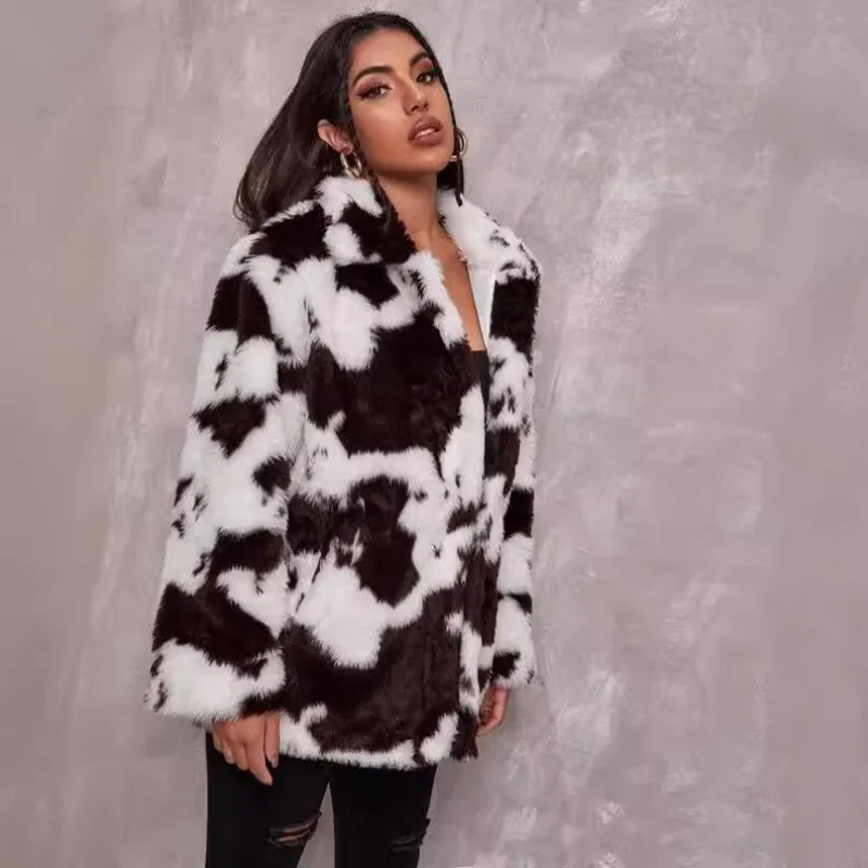 Women's Autumn/Winter Top Coat Faux Fur Cow Print Warm Comfortable Loose Casual Design Fashion Advanced Niche Versatile Skinny