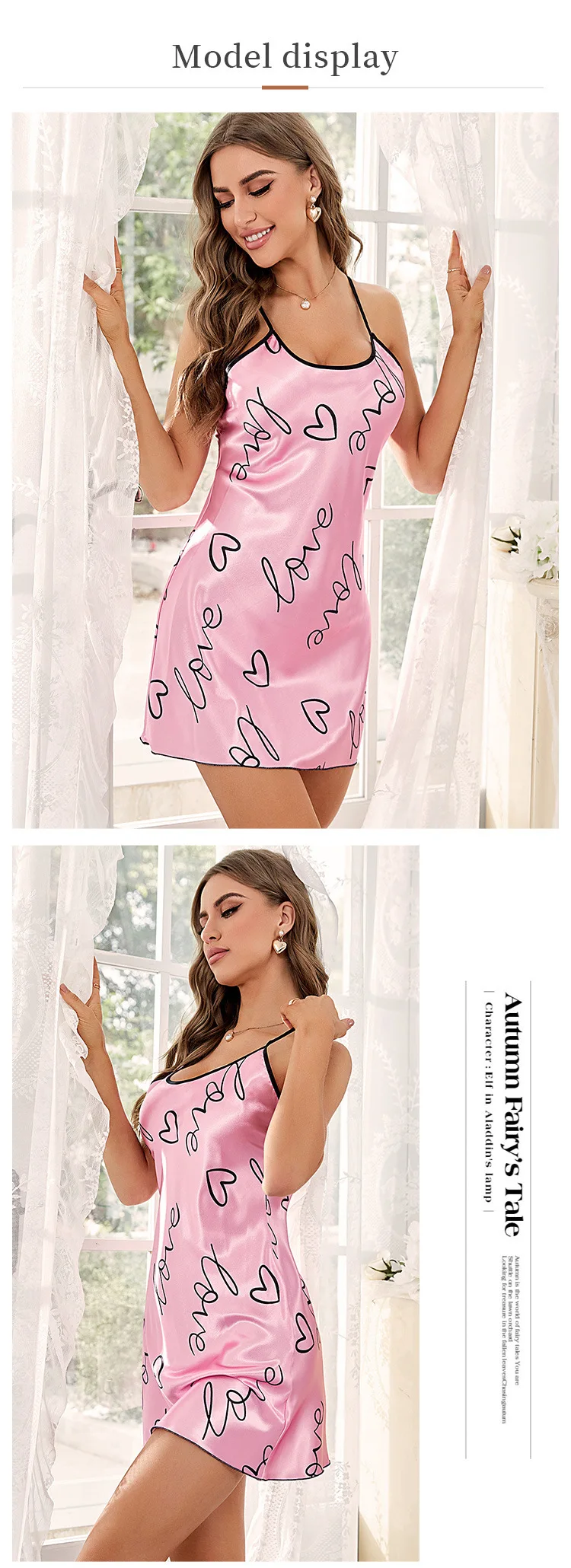 Sexy Nachtwäsche Damen Seide Neckholder Nachthemd Nacht Sexs Kleid Damen Hosenträger Pyjamas Rosa Loungewear Weiche Nachtwäsche Homewear – Detail 4