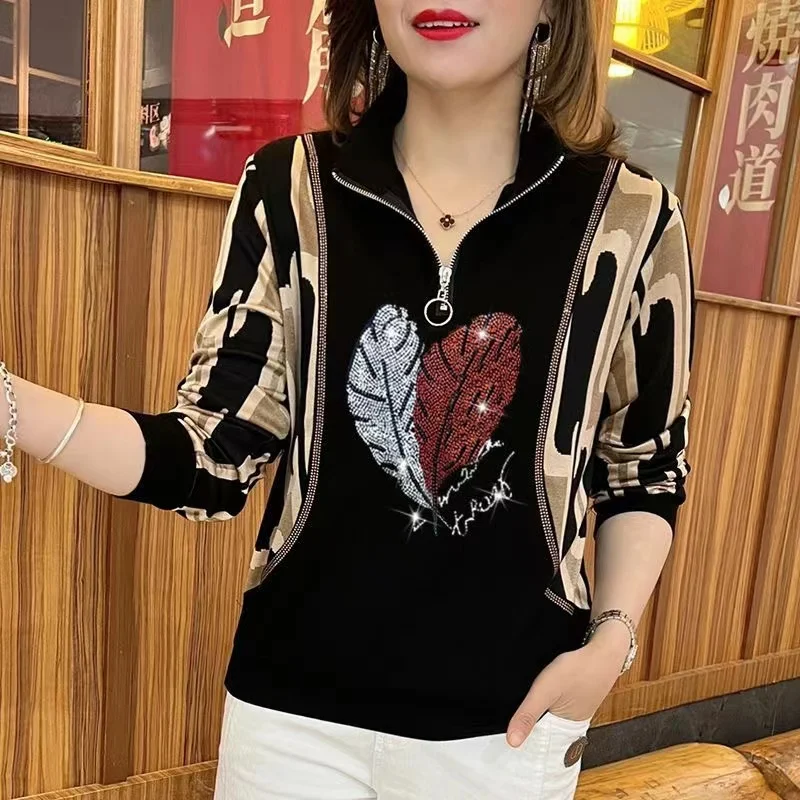 2024 New Diamond Stamping Fashion Female Tops Zipper O-neck Long Sleeve Women Pullovers Autumn Winter Streetwear Y2k Trendy Top