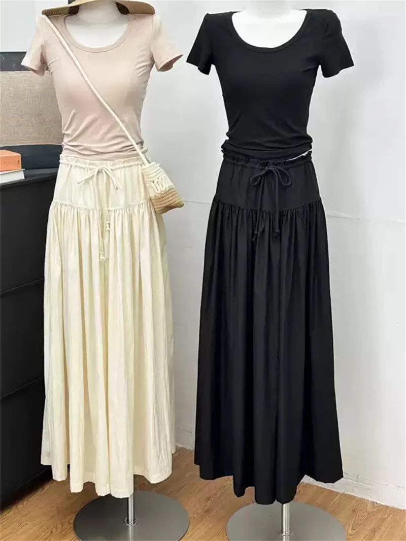 100% Cotton Ladies Drawstring Simple Black or Beige Pants Skirt Women Elastic Waist Straight Leg Pants Summer New 2026