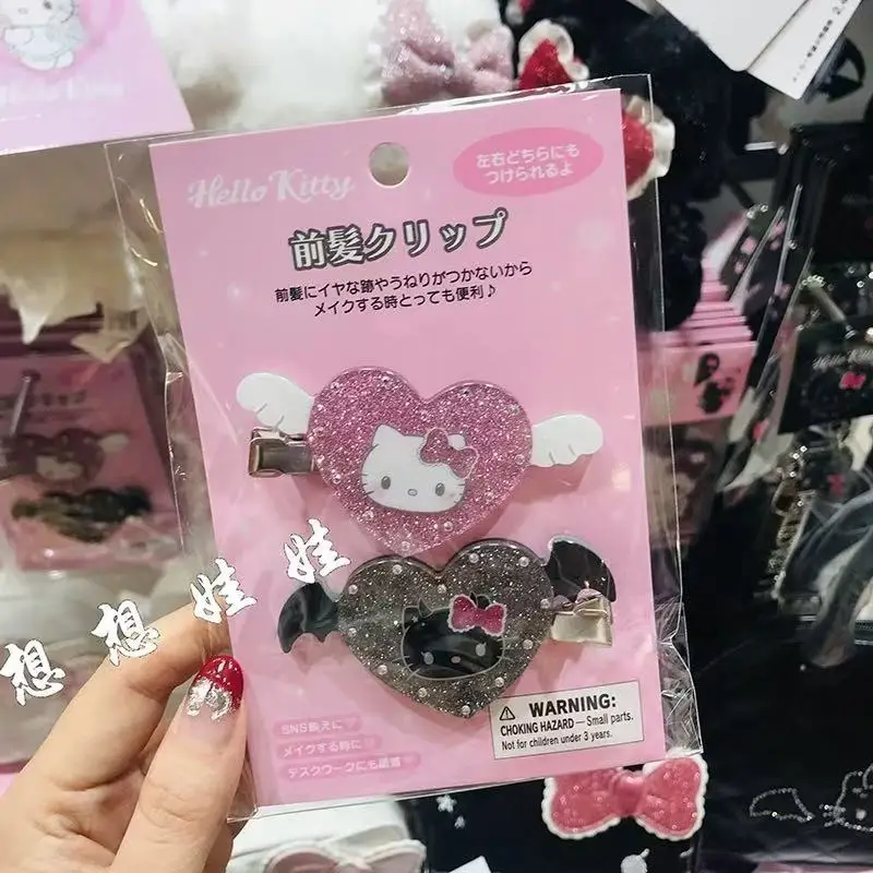 2 pinzas para el pelo con diseño de corazón de ángel y diablo de Hello Kitty, pinzas para el pelo con purpurina rosa y negra para niñas, accesorios para el pelo de dibujos animados