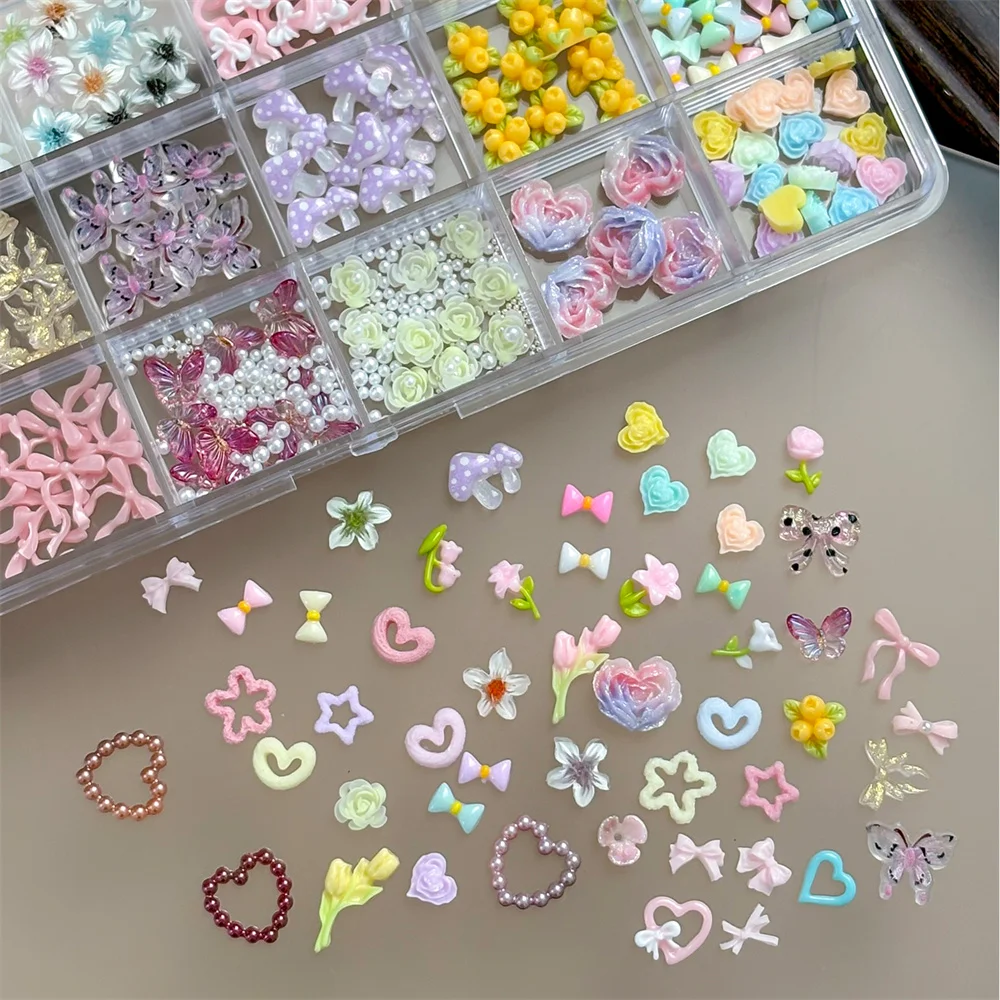24Grids Reusable Nail Art Embellishments Vintage Floral Camellia Lace Bow Pearl Set for Retro Gathering DIY Manicure Nail Decor