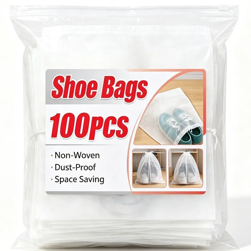 Portable Shoe Cover Storage Bags Non Woven White Environmentally Friendly Dust Proof Drawstring Bag Clothing Packaging Bags