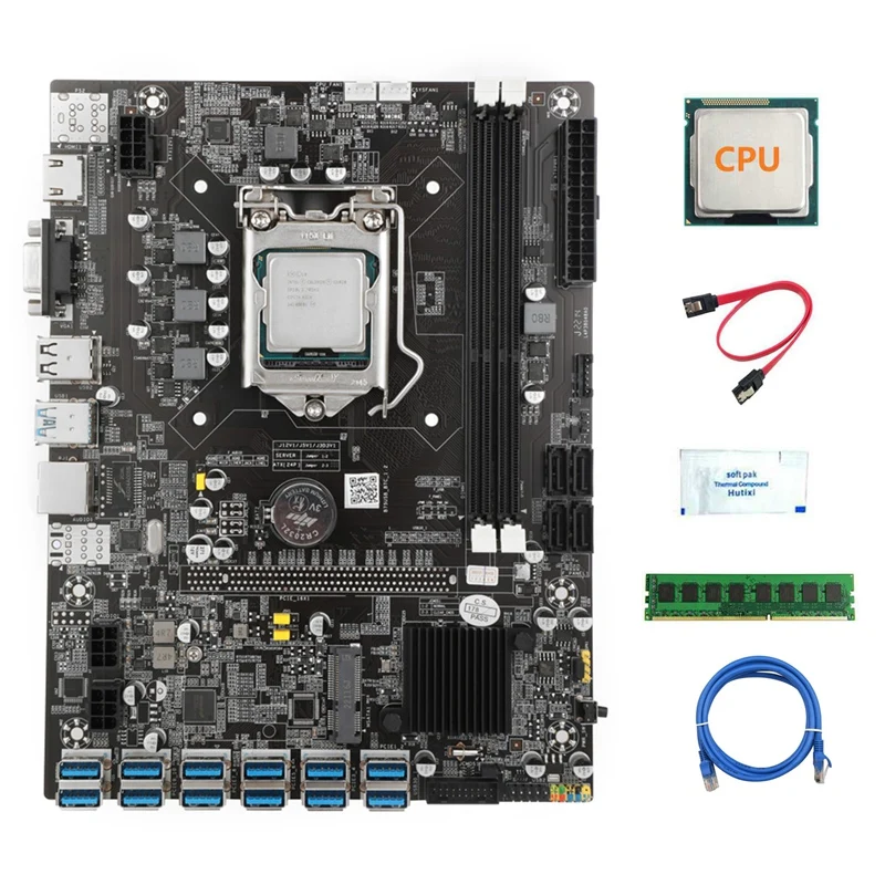 

B75 USB BTC Mining Motherboard+CPU+4G DDR3 RAM+SATA Cable+RJ45 Network Cable+Thermal Grease 12XPCIE USB3.0 LGA1155 MSATA