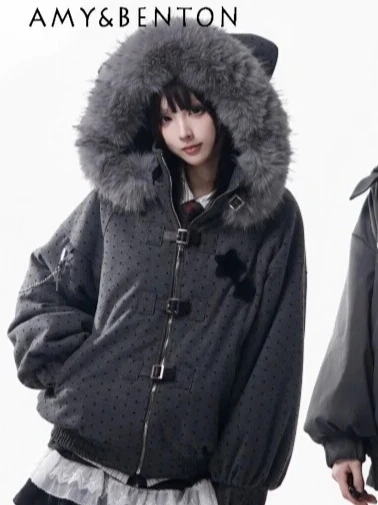 

Punk Style Cartoon Embroidery Big Fur Collar Polka Dot Cotton Jacket Black and Gray Splicing Harajuku Style Set Autumn Winter