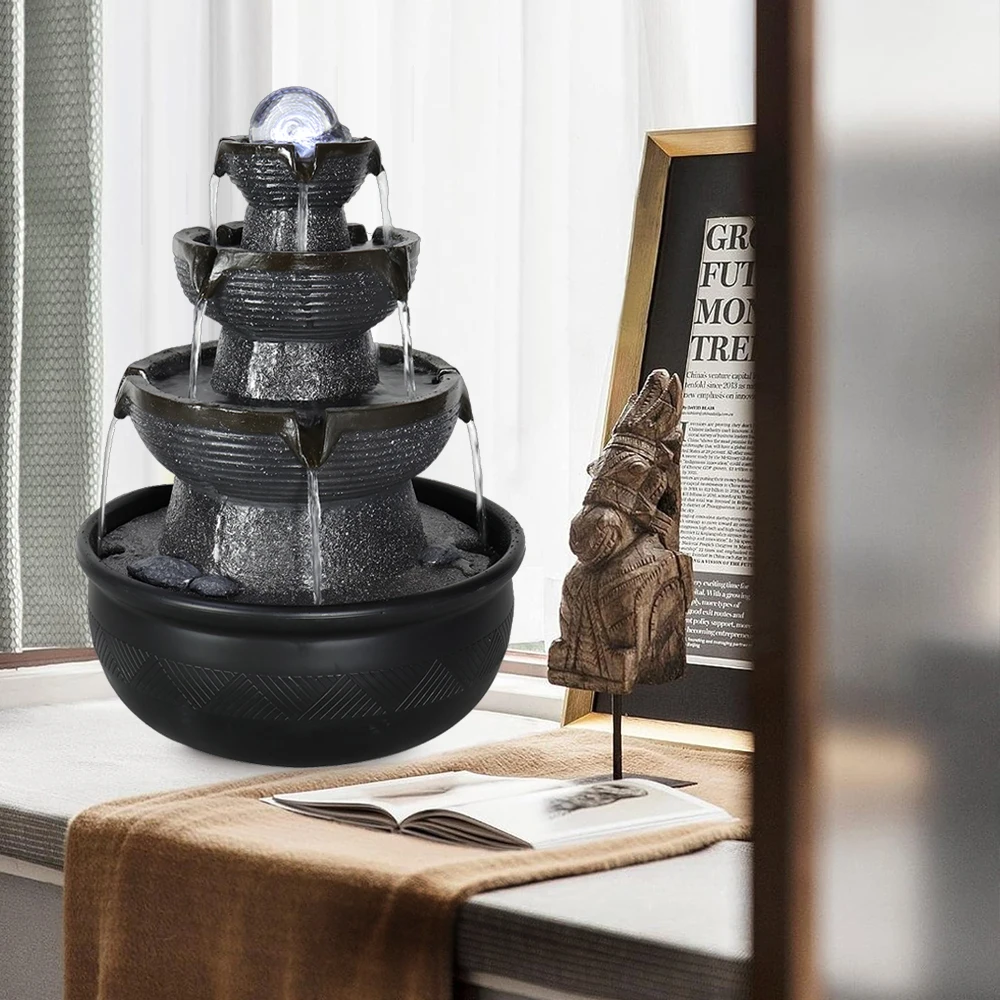 Tabletop Waterfall Fountain Rotating Ball Interior with LED Light, Resin Material, Black, Suitable for Home Kitchen Office Decor