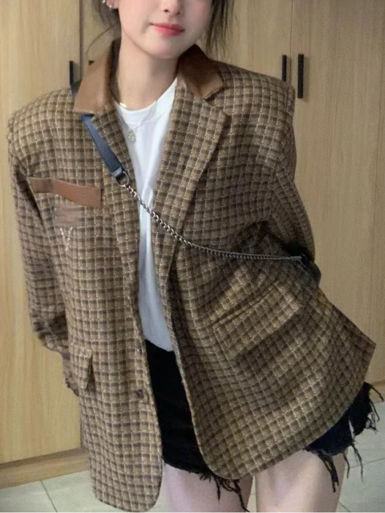 Y2k Autumn Elegant Vintage Blazer Women High Street Chic Plaid Design Outerwear Female Streetwear Korea Fashion Coat Winter 2024