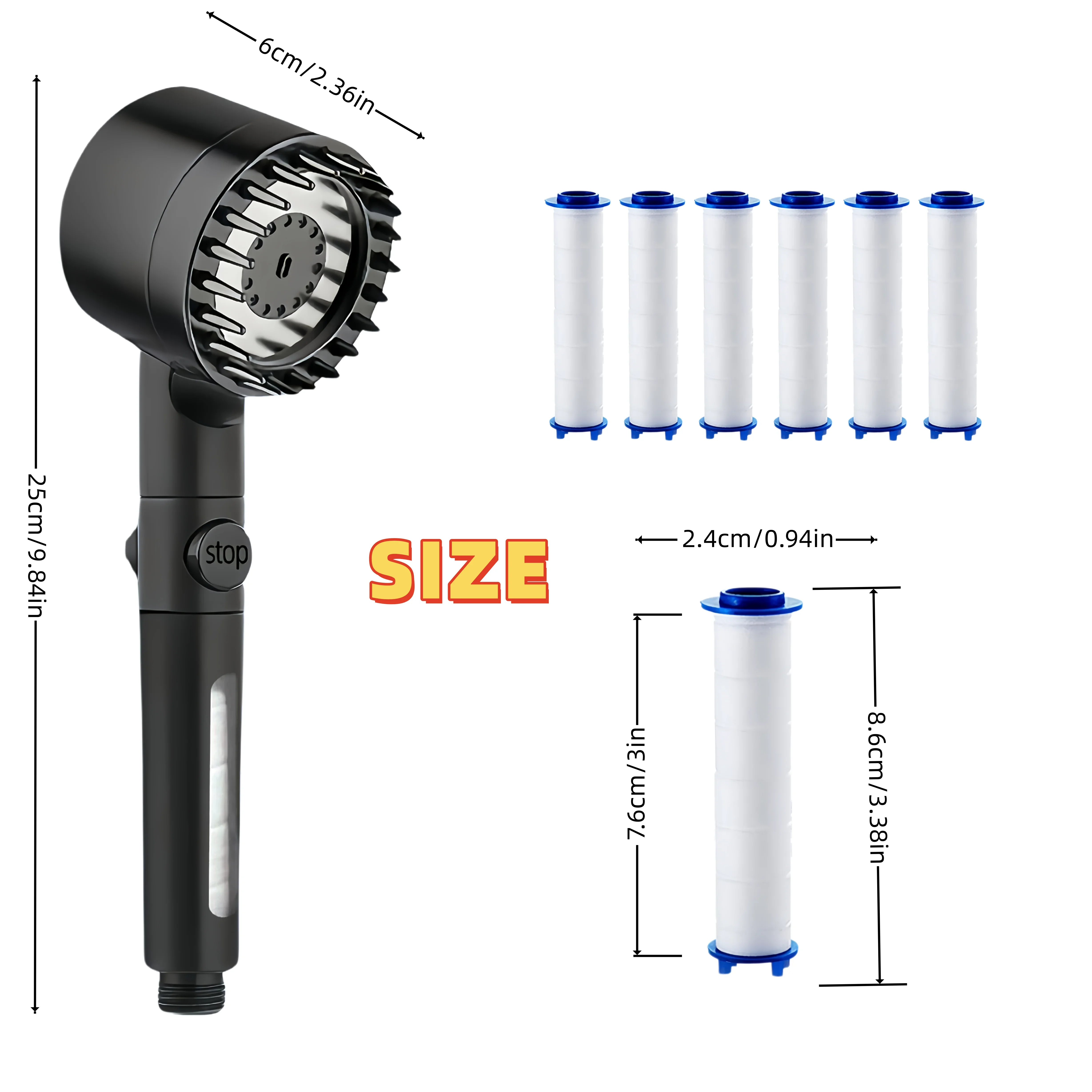Black High Pressure Handheld Shower Head with Filter Window 4/8/12/20 PCS Replacement Cartridges Included for Bathroom