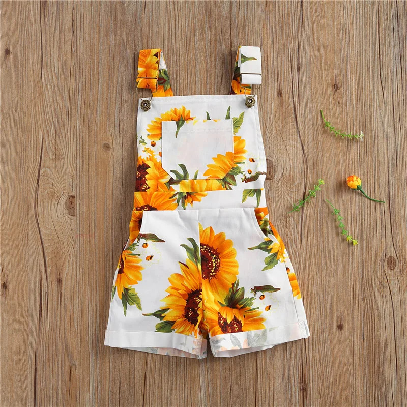 Kids Girls Overalls Pants Summer Sunflower Print Square Collar Suspender Shorts with Pockets for Party