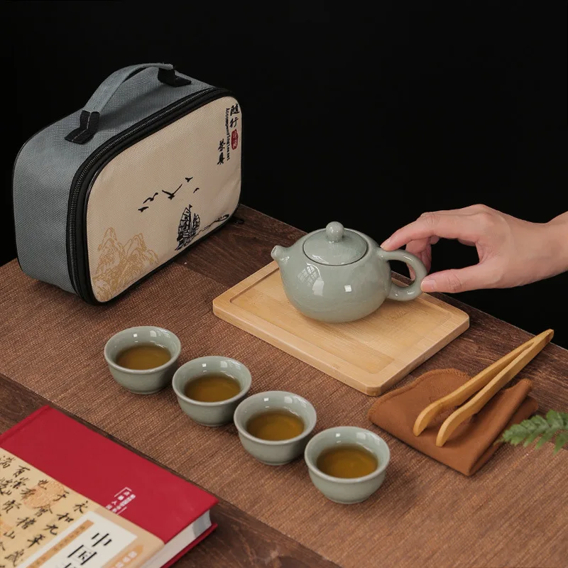 Chinese Tradition Kung Fu Tea Set Portable Ceramic Travel Tea Set Home Office One Teapot Four Teacup Teaware Tea Ceremony Gifts
