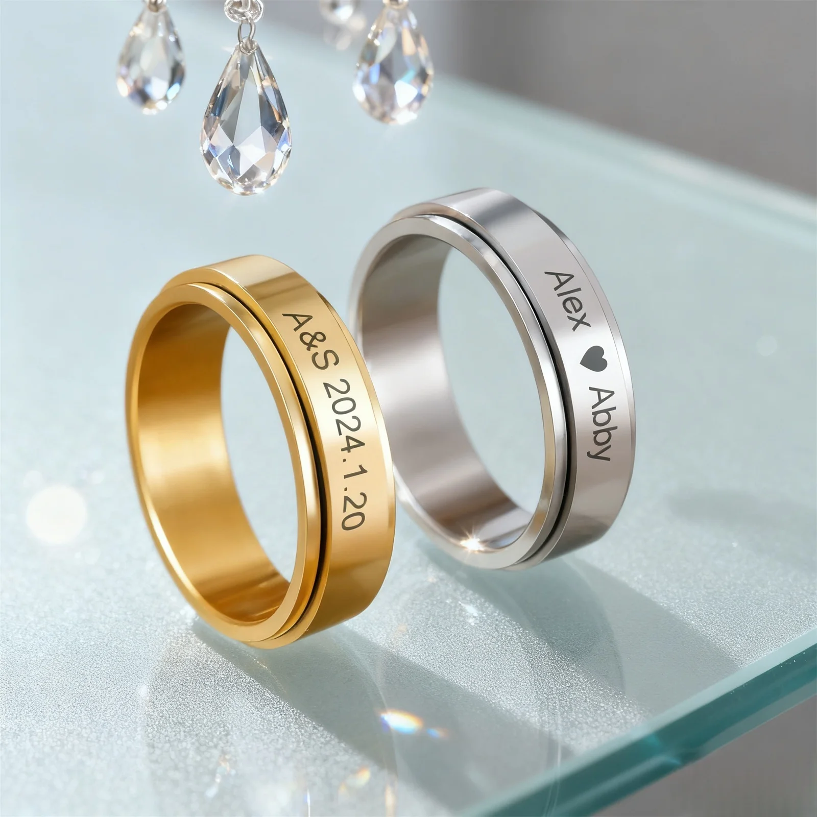 Customized Sculptible Name Date Couple Ring Stainless Steel Double Layer Rotating Ring Fashion Jewelry Party Gift