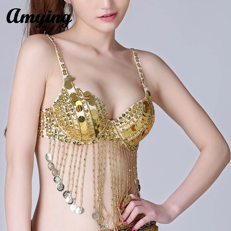 Sexy Dance Bra Women Hanging coins Bra Belly Dance Costume Performance Sequin Adjustable Beaded Top Club Festival Carnival Bra