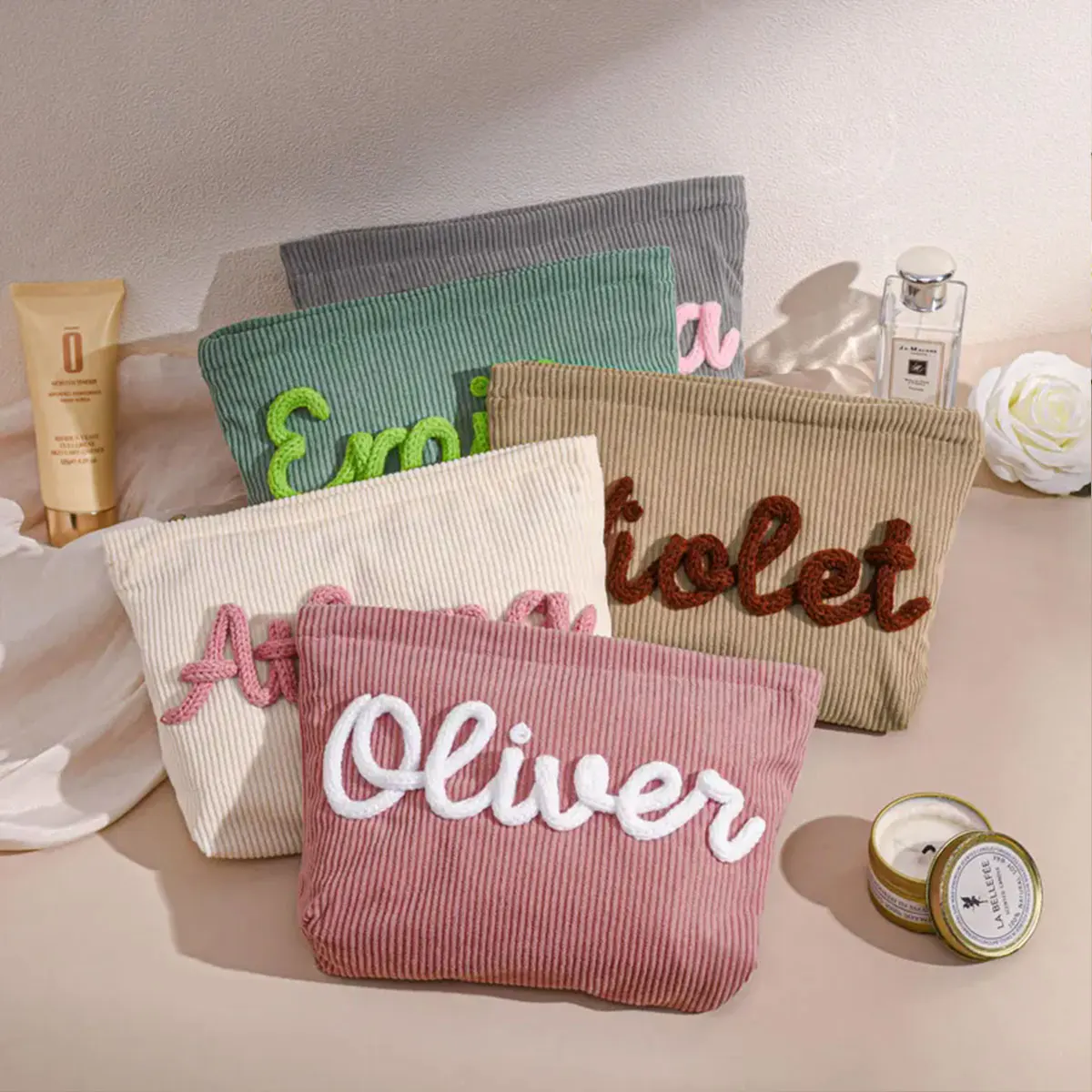 Personalized Custom Name Storage Pouch Corduroy Cosmetic Bag, Toiletry Organizer, Travel Clutch  Gift for Mom or Girlfriend