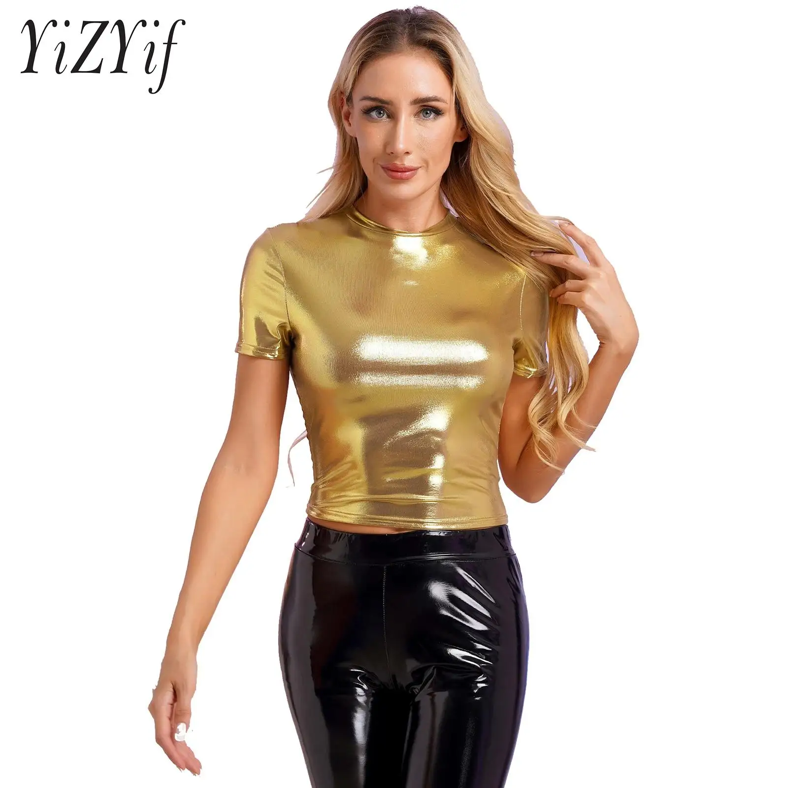 

Womens Metallic Shiny Slim T-Shirt Mock Neck Short Sleeve Pullover Crop Top for Nightclub Rave Party Jazz Dance performance