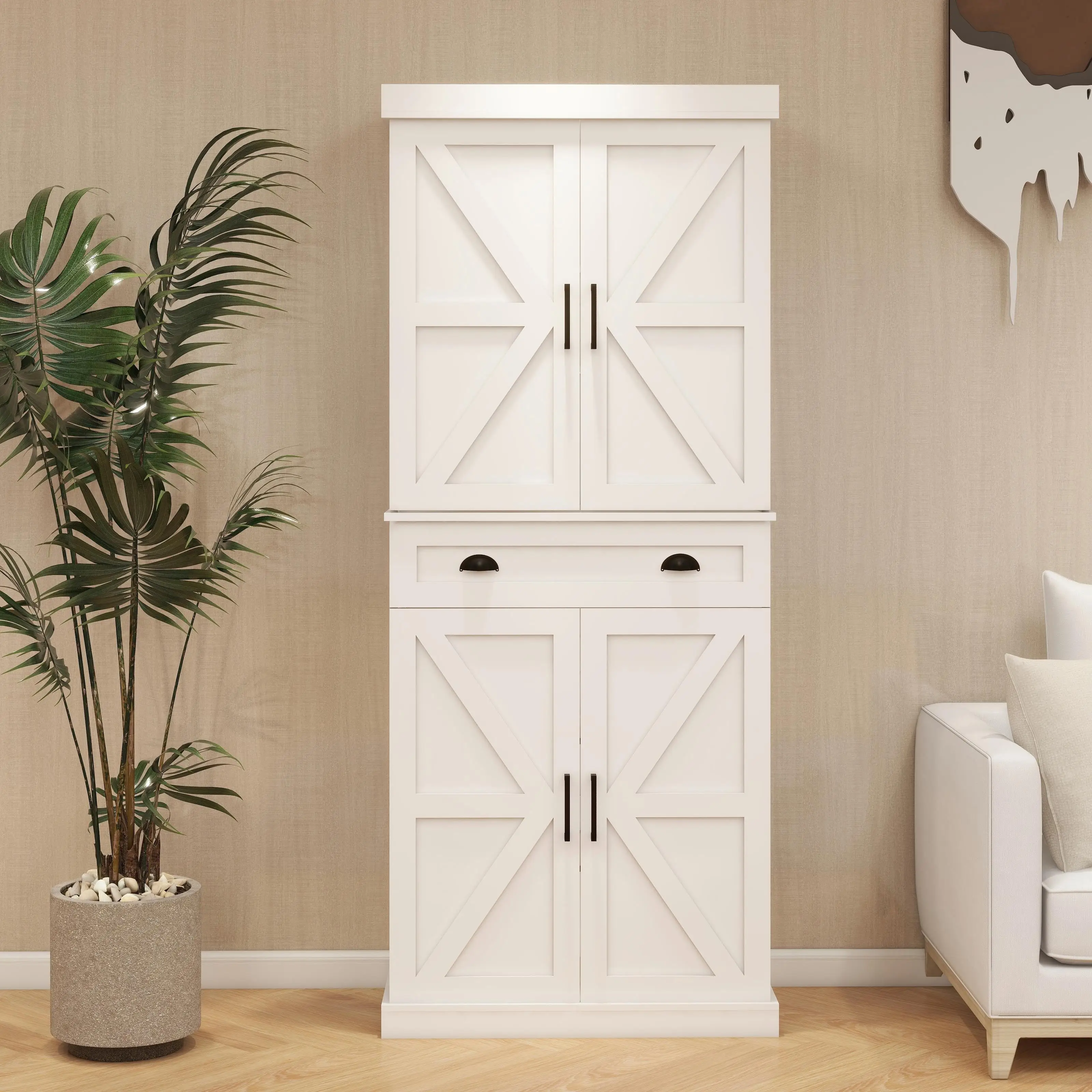 Stylish White for kitchen Pantry Storage Cabinet - Freestanding Cupboard with 4 Doors, 1 Drawer & 2 Adjustable Shelves for