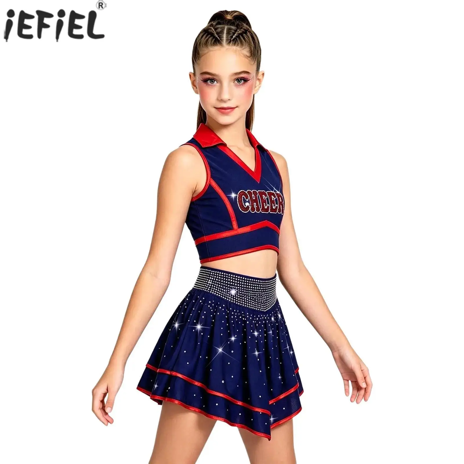 Cheerleader Costume for Girls Rhinestone Cheerleading Uniform V-neck Sleeveless Crop Top with Ruffled Skirt Halloween Cosplay
