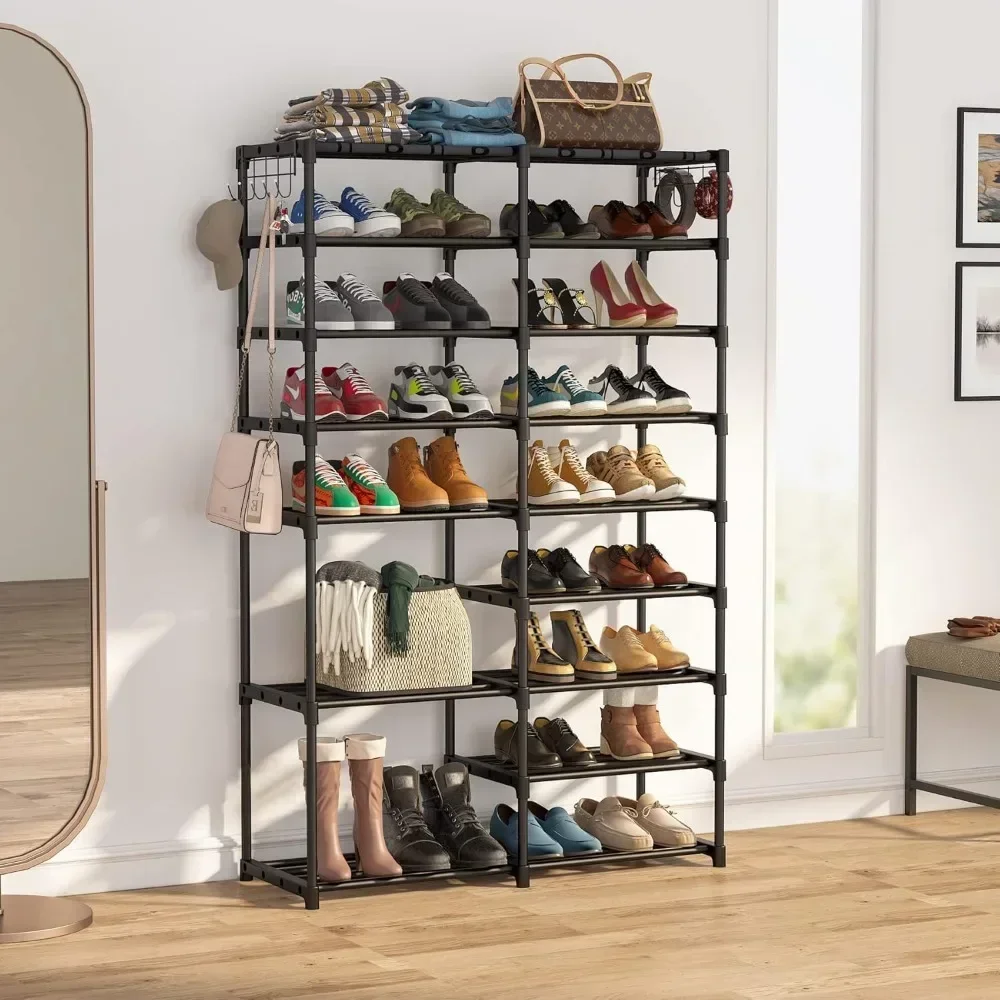 Shoe Rack Organizer, 32-40 Pairs Storage Shelf, 9 Tiers Stand, for Closet, Boot Organizer with 2 Hooks, Stackable Tower