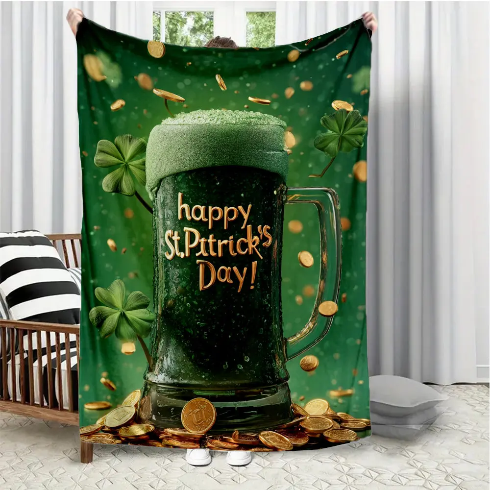 St. Patrick's Day green beer Flannel printed blanket suitable for all seasons suitable for living room office sofa and travel