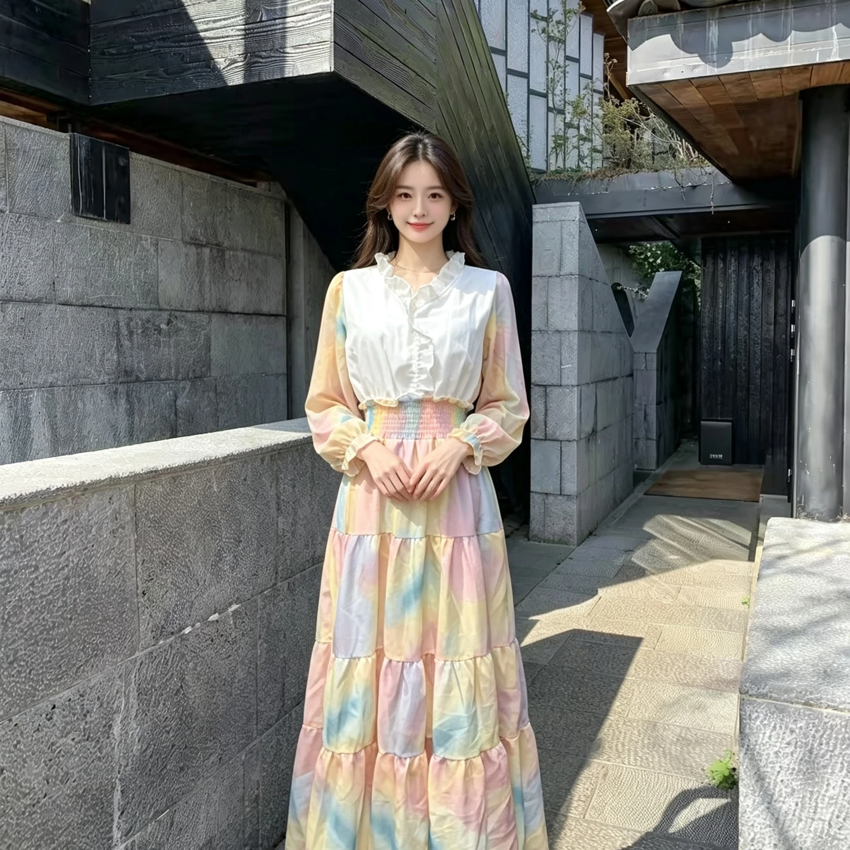 Gradual Rainbow Gradient Long Sleeve V-Neck Maxi Dress with Flared Skirt High Waist Korean Style Women's Fashion Spring Autumn