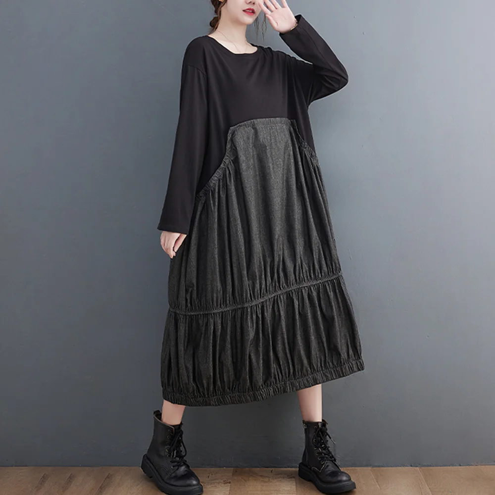 Loose Long Sleeve Dress Fashion Patchwork Folds Trend Street Wind Women Autumn New Casual Appear Thin Dress Large Size Vestidos