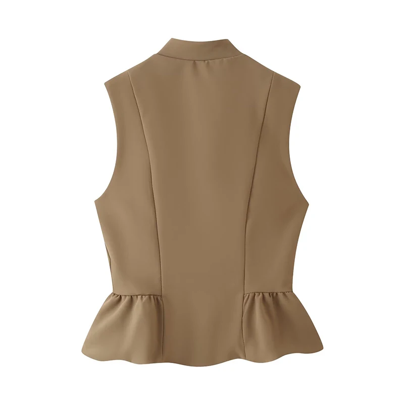 YENKYE Women Double Breasted Vest Stand Collar Sleeveless Ruffle Hem Peplum Slim Casual Elegant Waistcoat