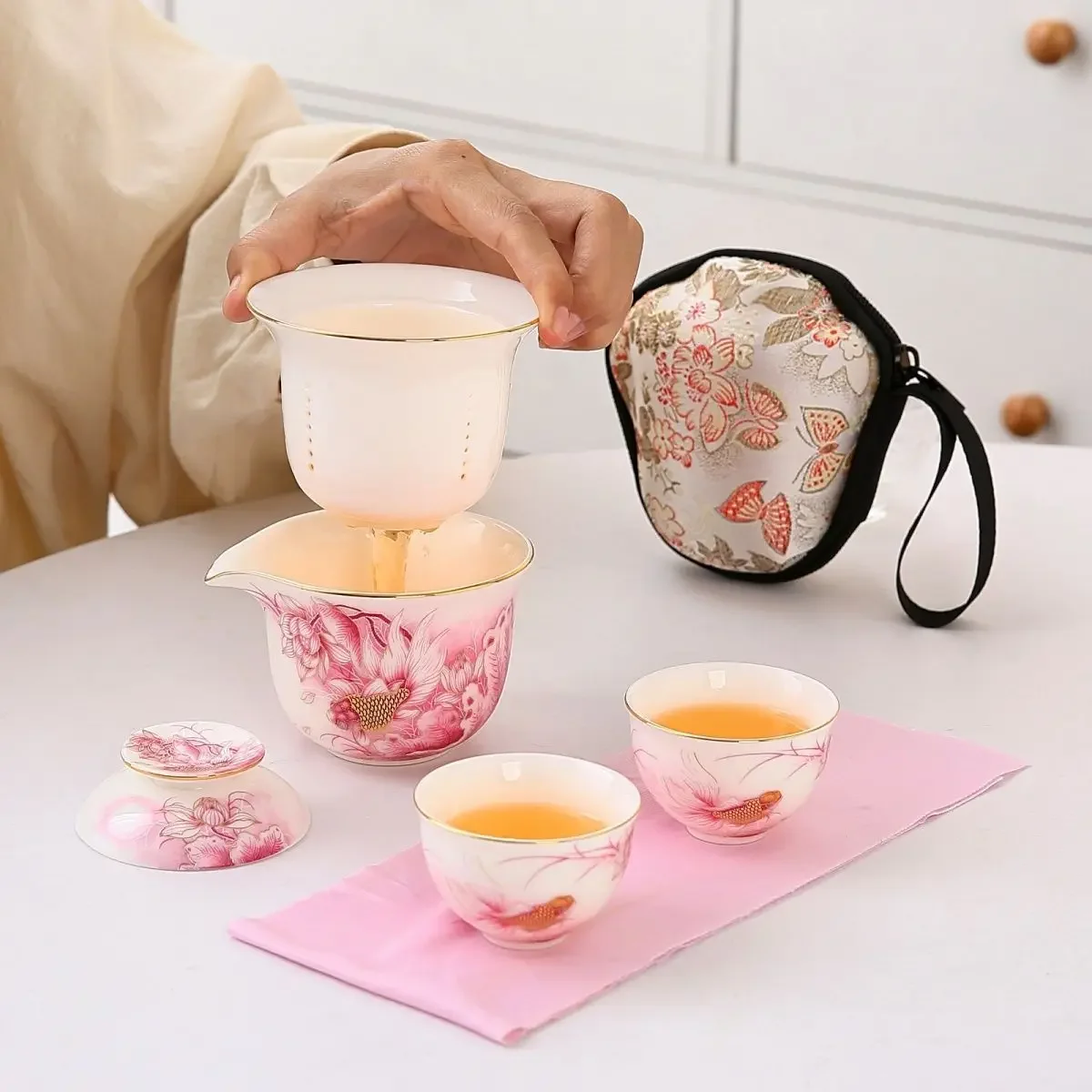 Pink Luxury Tea Ceremony Colorful Gift Teapot New Travel Tea Set Outdoor Portable High-looking Tea Making Device Camping Travels