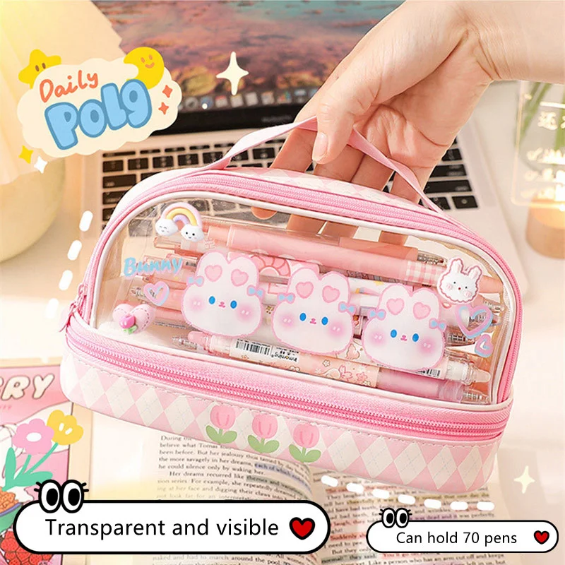 Imagem -05 - Estojo para Lápis Kawaii para Meninas Camada Dupla Bolsas Lápis Grandes Portátil Bonito dos Desenhos Animados Estudantes Pen Pouch Organizador Estacionário