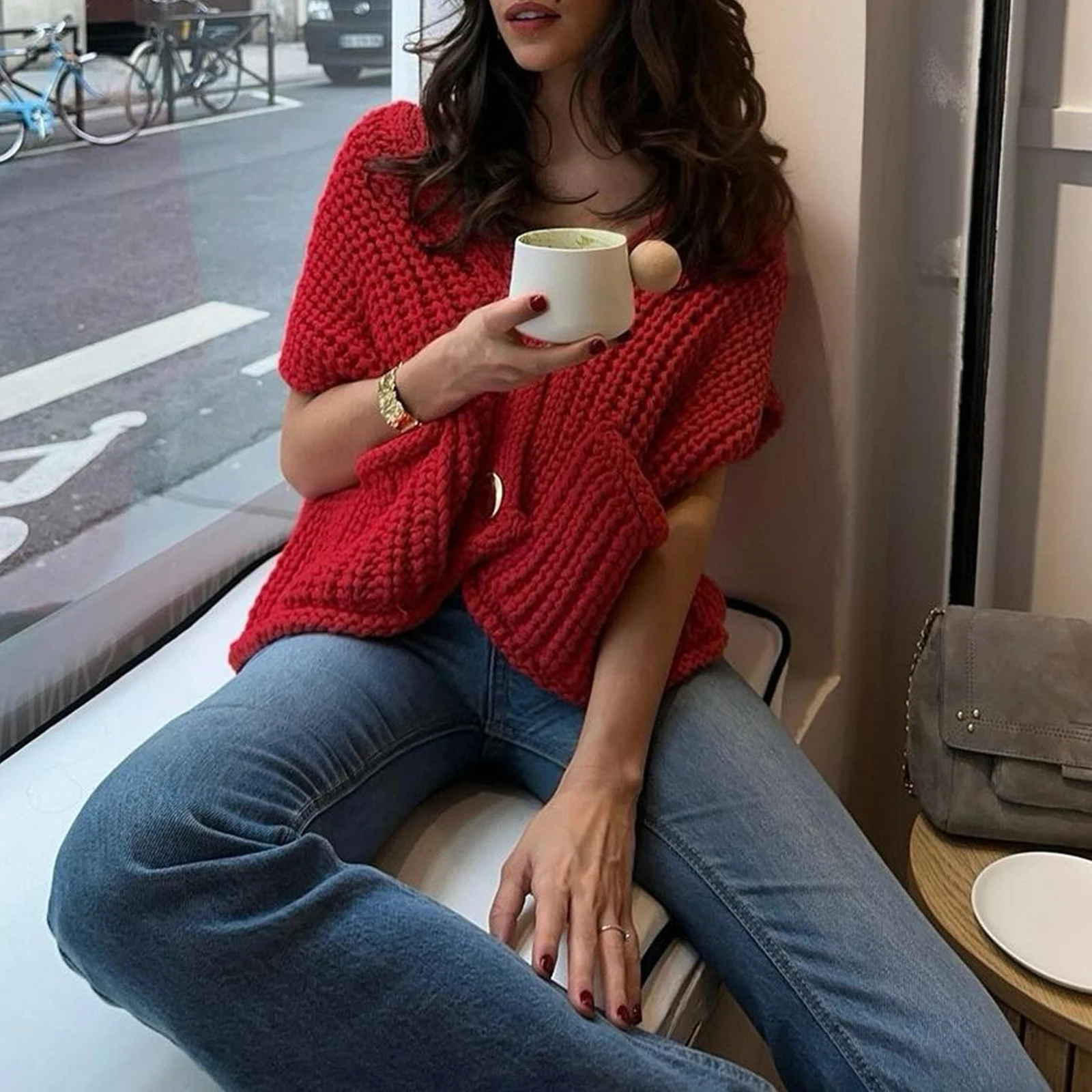 Women Sweater Tank Tops Solid Color Button Front V-Neck Knit Vest Sleeveless Knitwear Cardigan for Streetwear