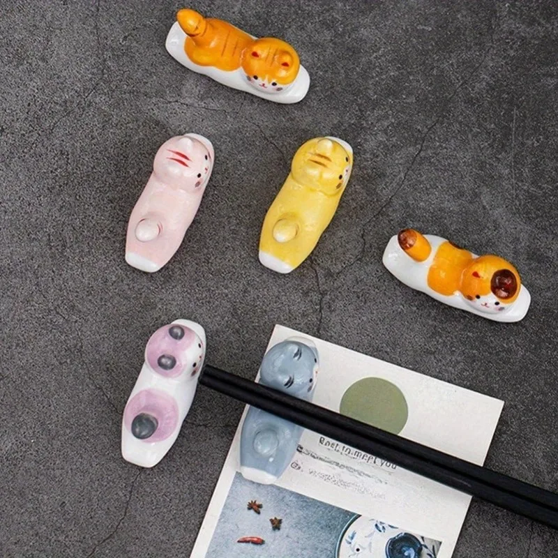 Ceramic Cat Chopstick and Utensil Holder Spoon Fork Rest Stand Japanese Style Tableware Storage Rack for Kitchen Organization