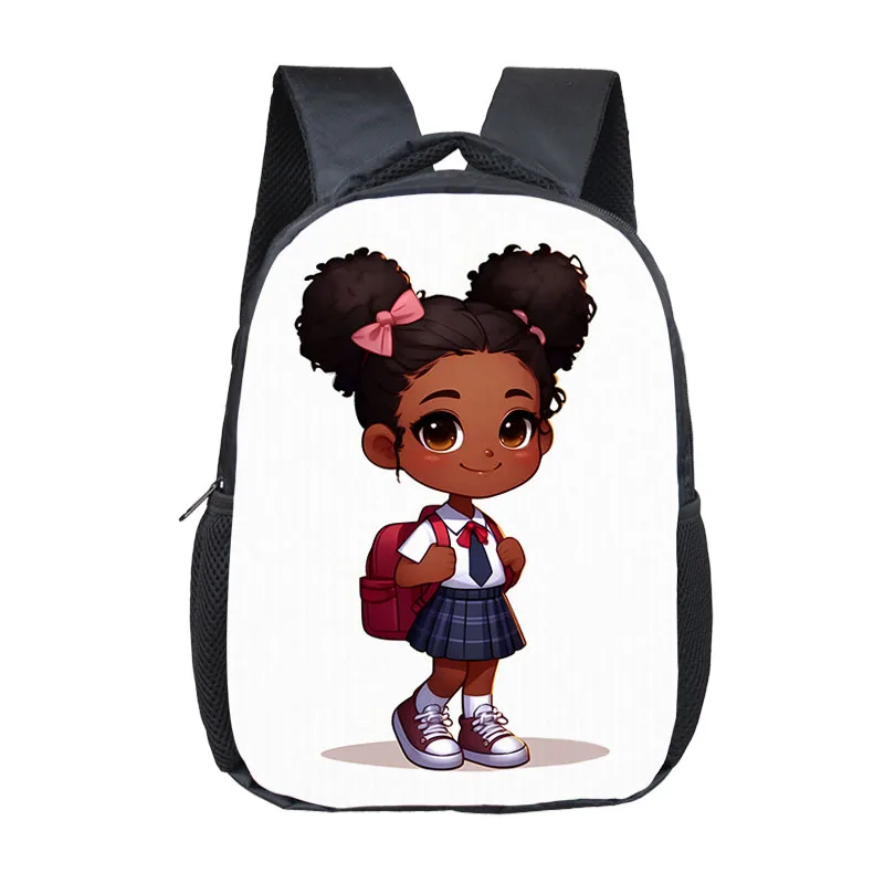 African Girls School Bags com Flores e Coroa, Cartoon Book Backpack, Kindergarten Bookbag, Mochilas Pequenas, Preto, Presente