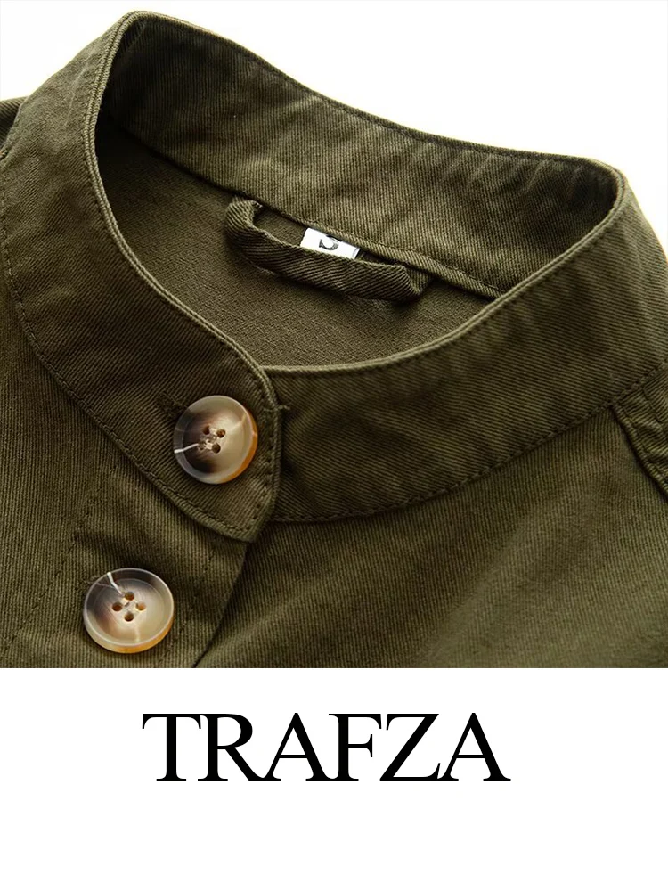 

TRAFZA Women's Autumn New Fashion Versatile Solid Twill Jacket Female Single Breasted Pocket Decorative Casual Long Sleeve Coat