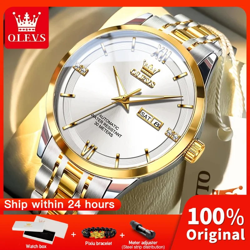 

OLEVS 7061 Mens Watch Original Automatic Mechanical Watch Large Dial Waterproof Luminous Reloj Dual Calendar Watches Luxury Men