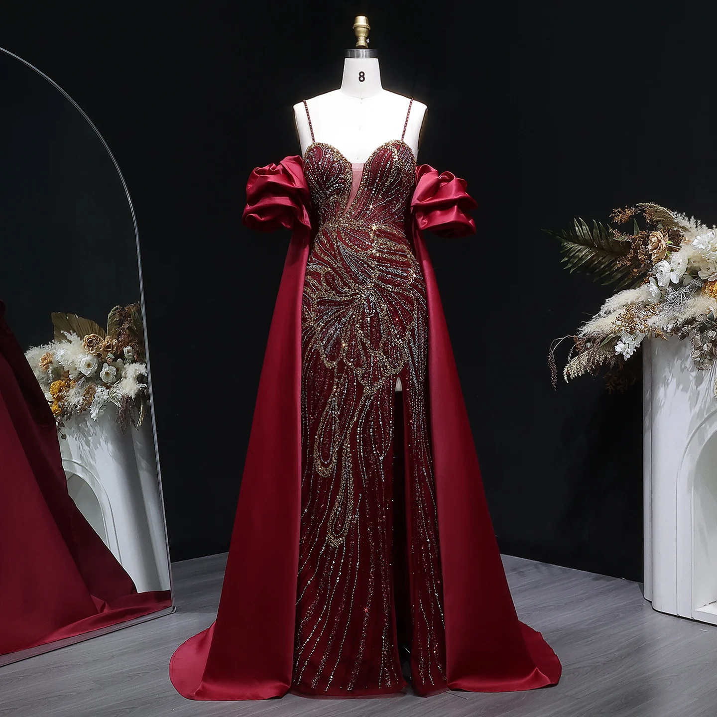 Sharon Said Elegantes Grünes Meerjungfrauenkleid mit Perlenstickerei, Schulterfrei, mit Satinumhang, Damen-Partykleid, SS157, Anpassbar – Detail 20