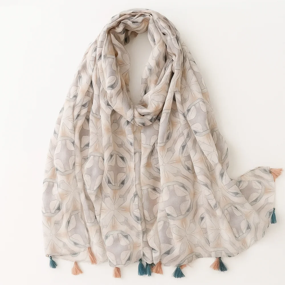 

Fashion Retro Fringed Scarf Long Flower Print Travel Beach Towel Soft Cotton Linen Feel Yarn Shawl Women's Accessory