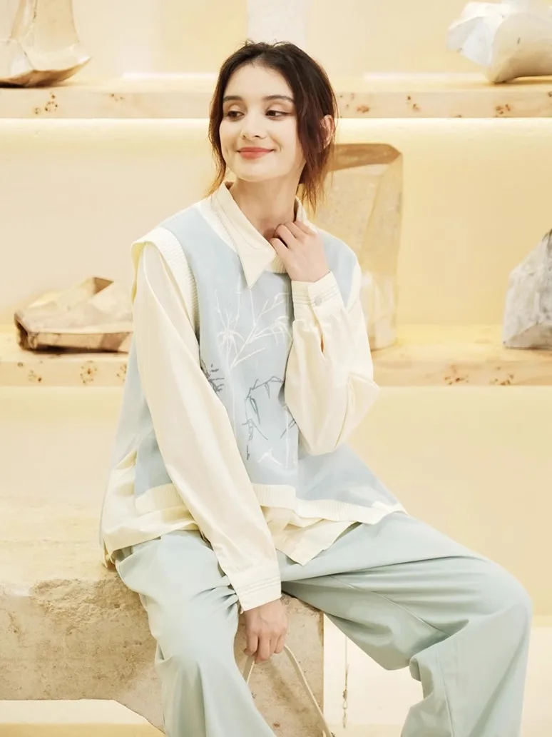 

Bukhara Original Design Knitted Sweater Vest U-Ne Modal Polyester Blend Early Autumn Faion Artistic Sle Women's Top