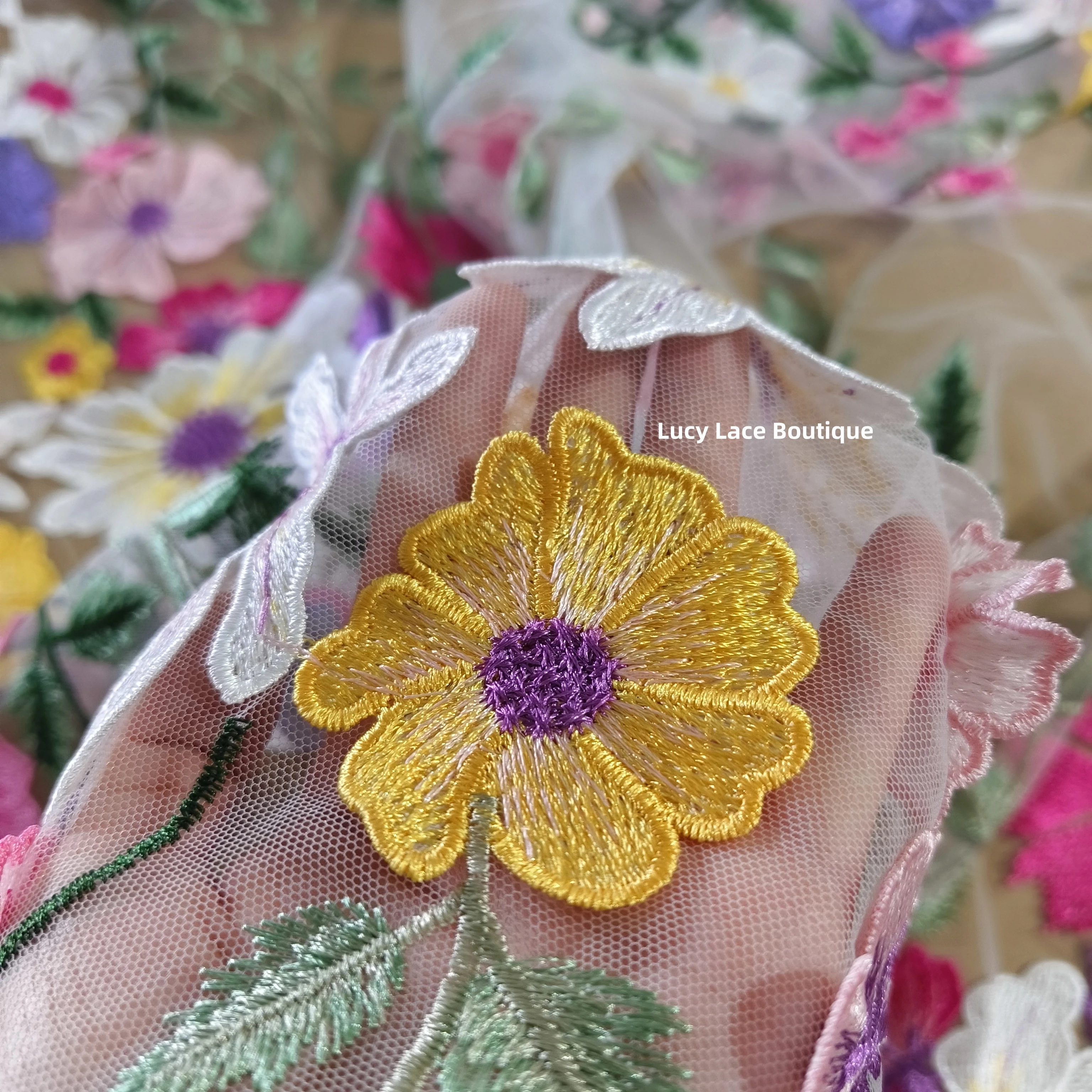 2D Appliqued Florals Colorful Embroidery Mesh Lace Fabric Girls Lady Dress Clothing Sewing Material Luxury Good Quality H874999