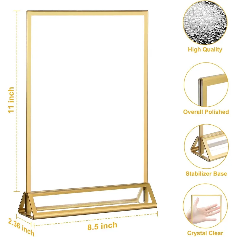 6 Pack 8.5*11 Inch Acrylic Sign Holders with Gold Frame, Vertical Freestanding Double Sided Table Menu Holders, Clear Acrylic Picture Frames for Wedding Table Numbers, Restaurant Signs, Photos, Artwork and Event Display