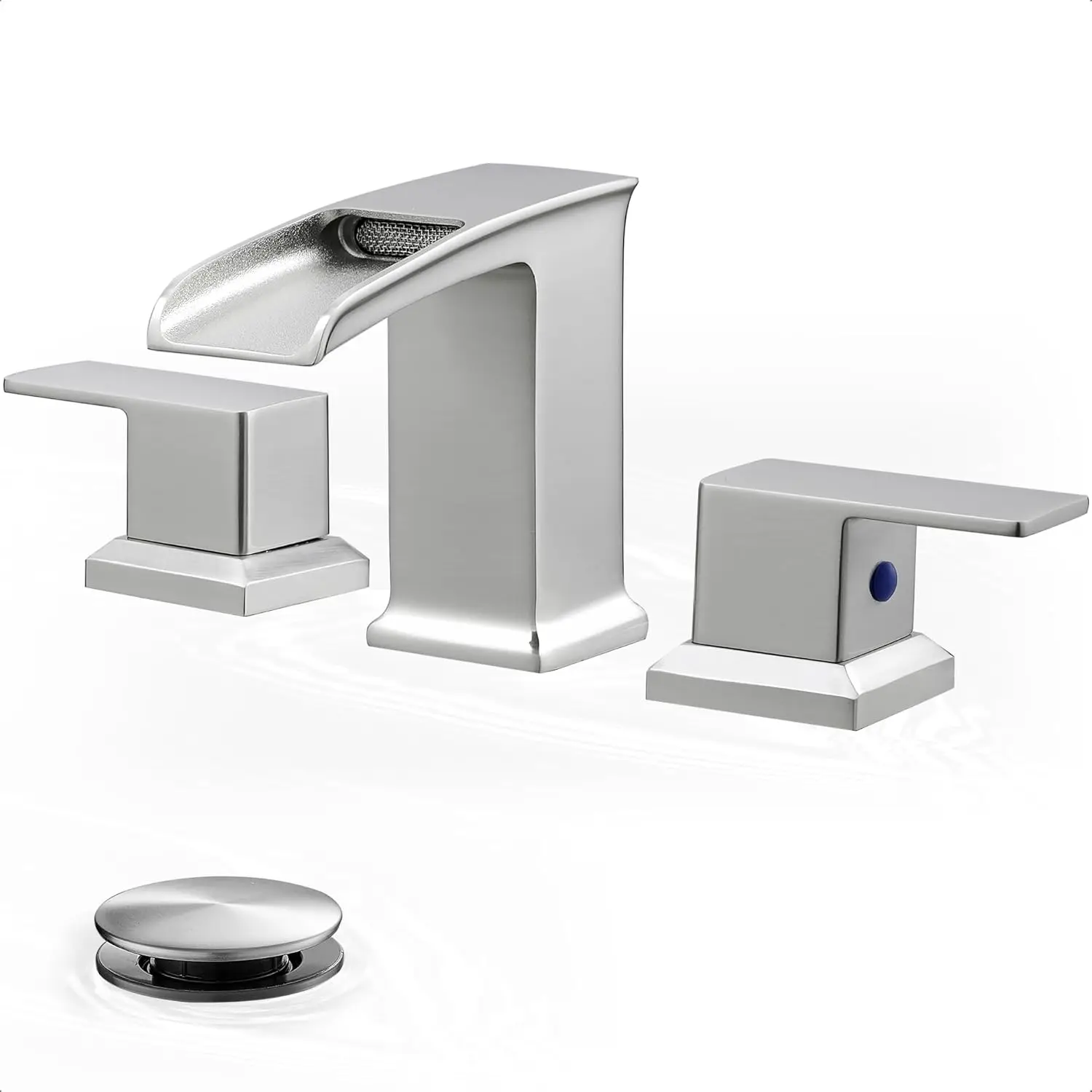 

Brass Waterfall Bathroom Faucet, Brushed Nickel Finish, 4-16 Inch Widespread with Pop-Up Drain for Easy Installation