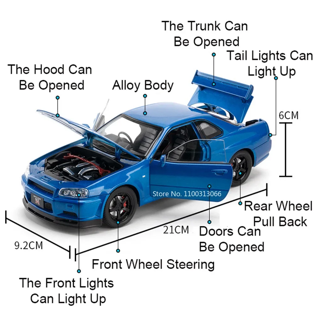 1:24 Scale GTR-R34 Cars Toys Miniature Metal Models Wheels Steering Vehicles with Pull Back Sports Car for Boys Birthday Gifts