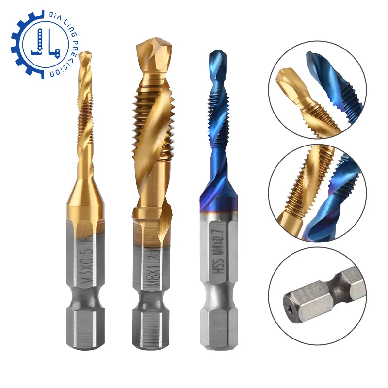 5PC/6PC HSS Screw Thread Metric Tap Drill Bit M3-M10 Shank Titanium Machine Compound Tap