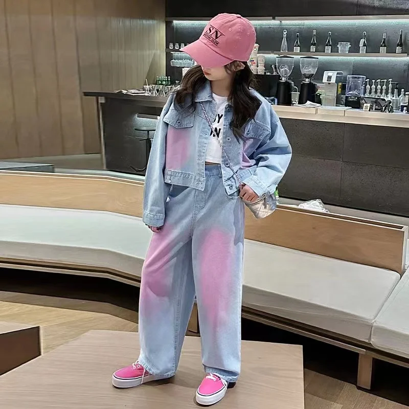 5-14Y Girls\' Spring Autumn Set 2024 New Fashion Big Children\'s Spring Wear Dopamine-spray Color Denim Two-piece Trend 120-170cm