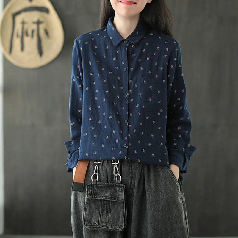 

Navy Blue Shirt Women Print Fashion Long Sleeve Single Breasted Turn-down Collar Blouse