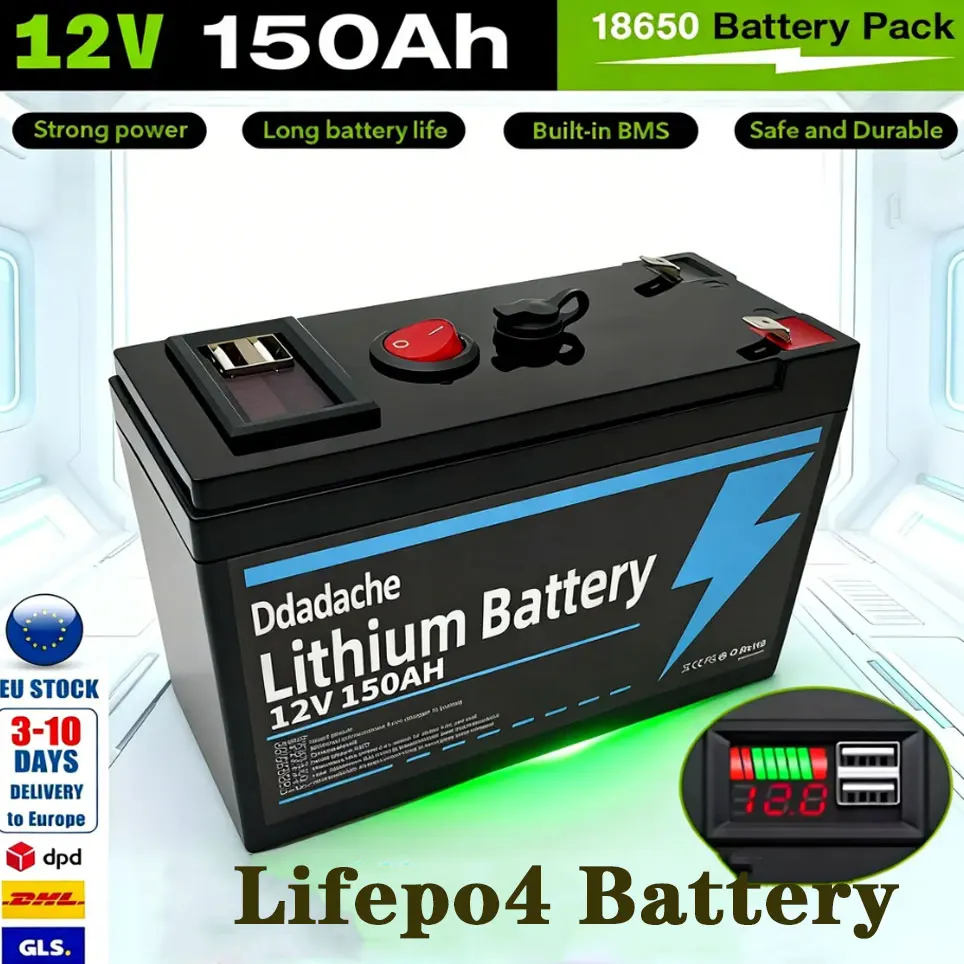 Batterie au lithium LiFeP04 12V 150Ah pour la charge solaire, la pêche, les applications marines, le camping en plein air, les applications hors réseau avec port USB 🧰