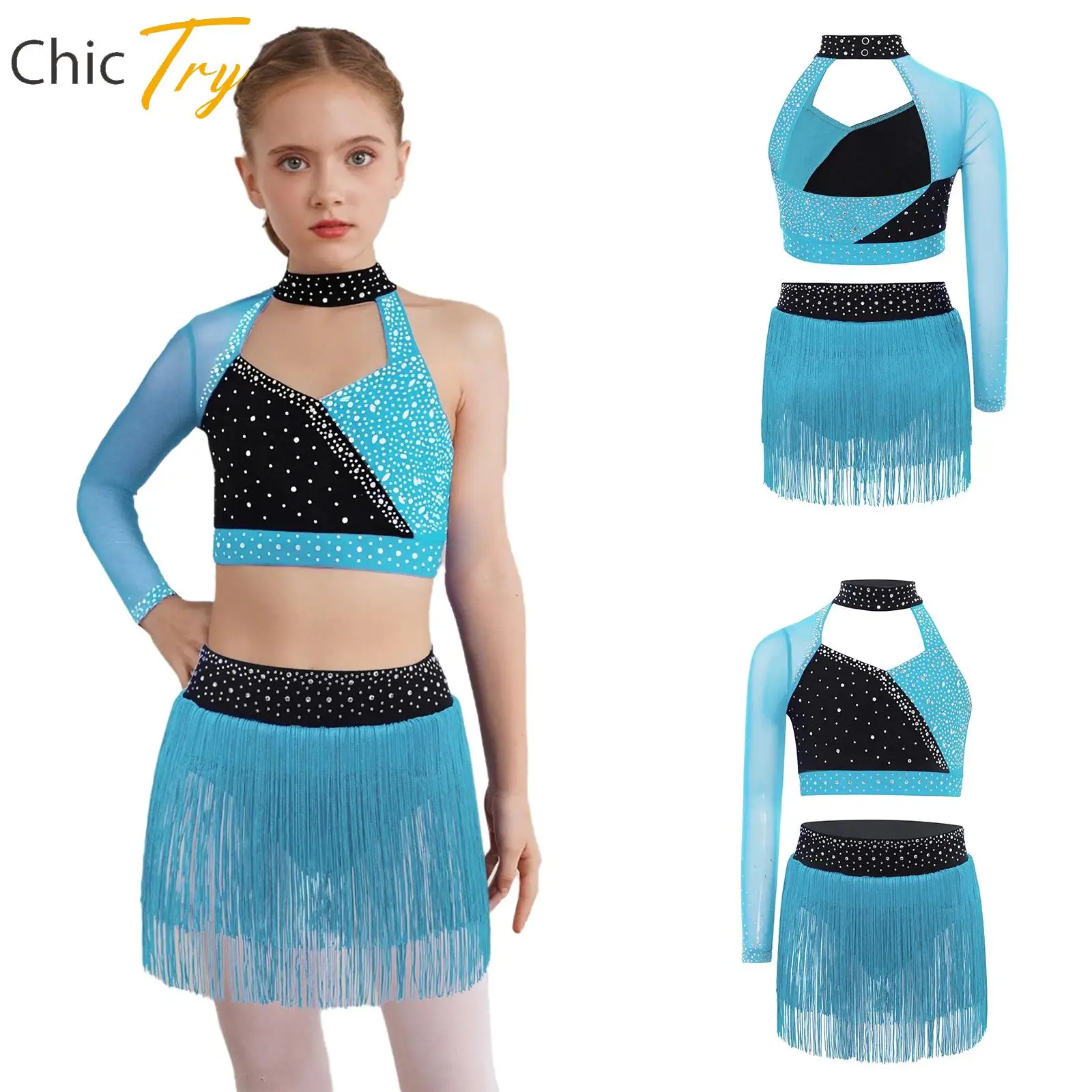 

Girls Latin Cha-cha Dance Outfit Two Piece Shiny Rhinestones Dancewear Set One Shoulder Crop Top with Skirt Child Party Costumes